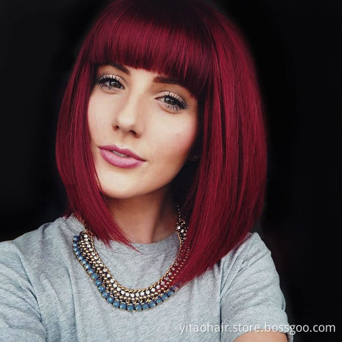 Short Bob Hair Wigs Straight  Wine Red Hair with Bangs Synthetic Colorful Cosplay Daily Party Wig for Women Natural As Real Hair